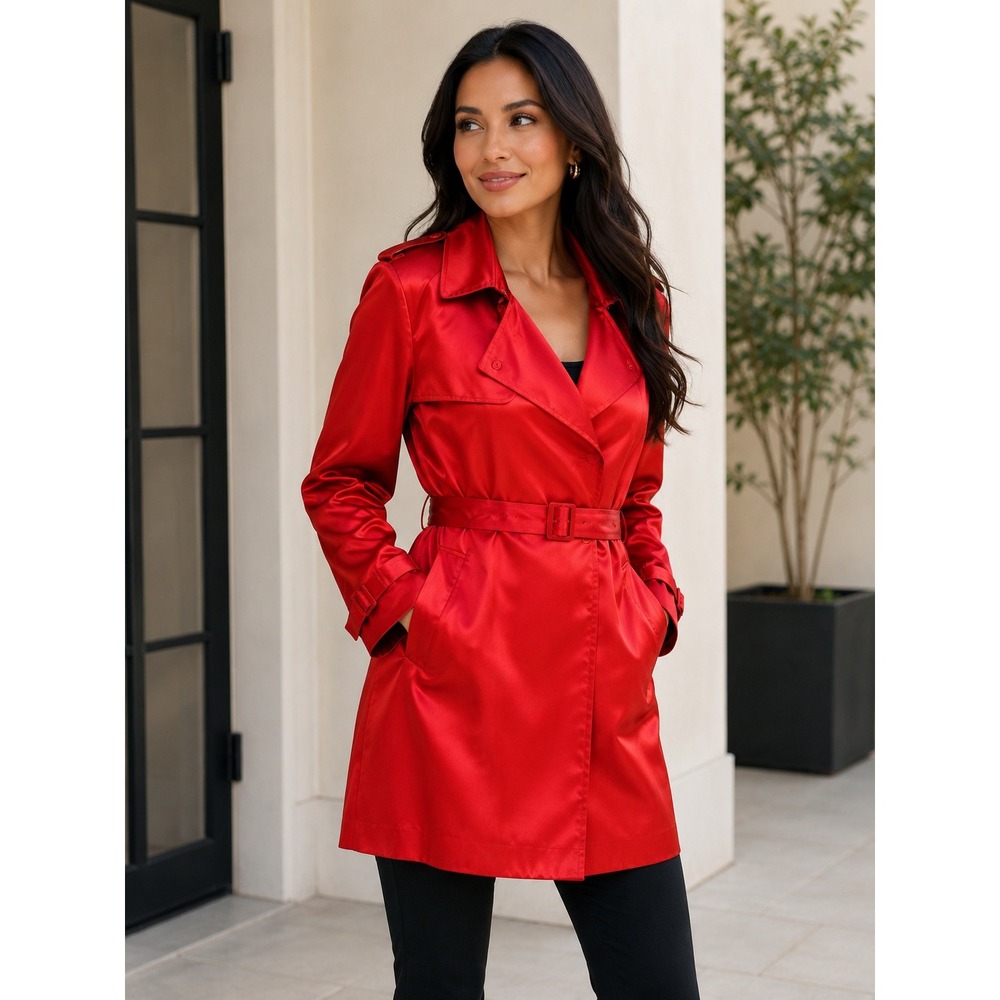 Anne Klein Womens Red Silk Belted Trench Jacket Petite Large Double Breasted